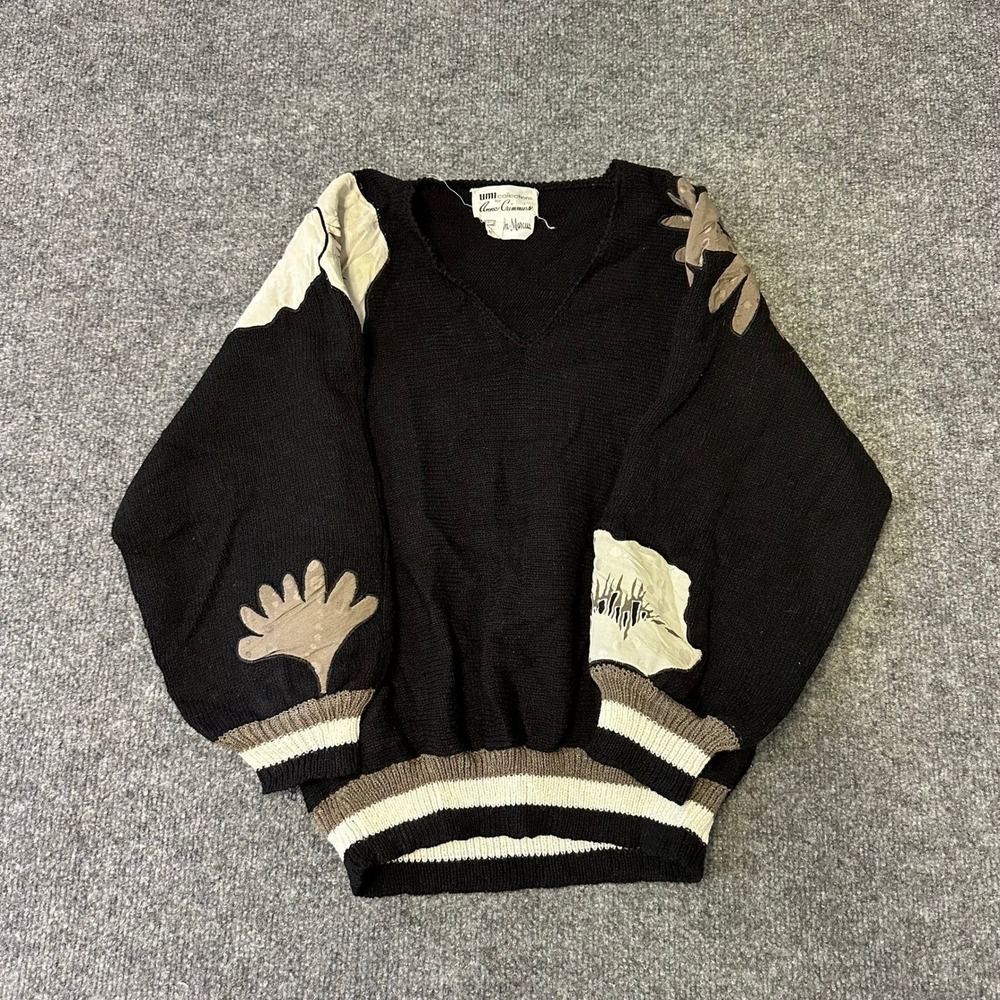 UMI Collections Sweater Womens M Black Floral Leather Applique Knit Vintage V-
